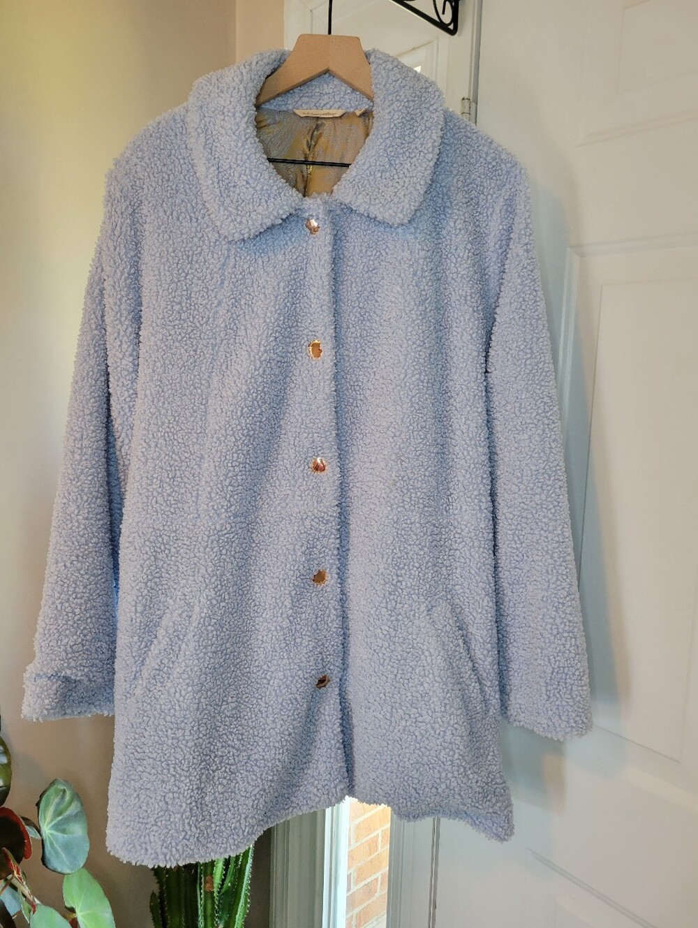 Soft Surroundings Light Blue Gold Buttons Pattern Lining Teddy Pea Coat Size 2XL